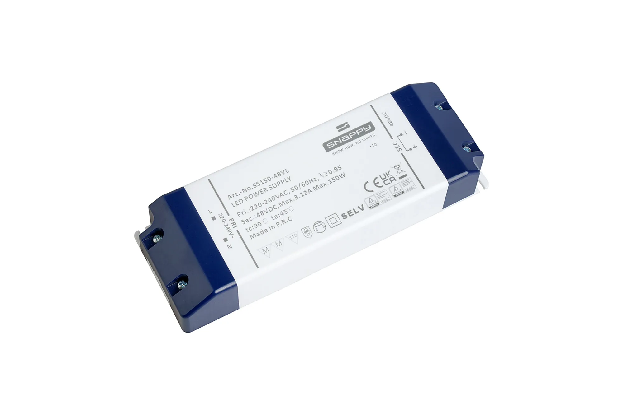 SS150-48VL  SS, 150W, Constant Voltage Non Dimmable PC LED Driver,48VDC,3.12A, Pf>0.95, TC:+85°, TA:45°, IP20, Effi>85%, Screw Connection, 5yrs Warranty.